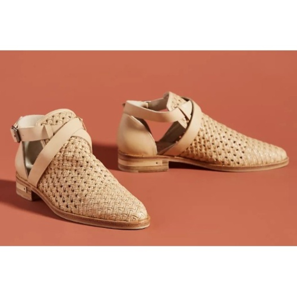 Freda Salvador Nude Spark Ankle‎ Strap Booties Woven Leather Boho Chic 7 NWOB